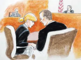  ?? Jeff Kandyba ?? The Associated Press Pop singer Taylor Swift confers with her attorney as David Mueller, back left, and the judge look on in Denver in this courtroom sketch. Jurors on Monday found that Mueller assaulted and battered Swift during a pre-concert...