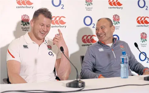  ??  ?? England coach Eddie Jones, right, and captain Dylan Hartley during a press conference.