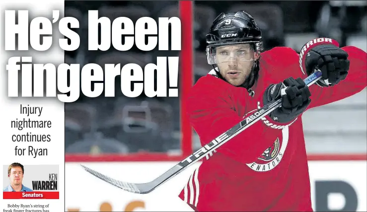  ?? TONY CALDWELL/POSTMEDIA NETWORK ?? Senators forward Bobby Ryan has suffered yet another finger injury, this time to his right index finger after blocking a shot Saturday night against the Leafs.