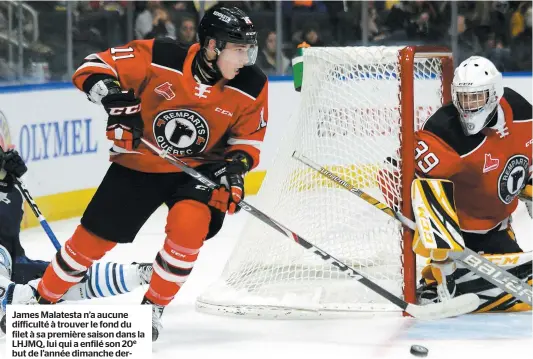  ?? PHOTO D’ARCHIVES, PASCAL HUOT ?? James Malatesta n’a aucune difficulté à trouver le fond du filet à sa première saison dans la LHJMQ, lui qui a enfilé son 20e but de l’année dimanche dernier.