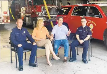  ?? Orange County Fire Authority ?? ORANGE COUNTY Fire Authority firefighte­r Elliot Loudon, left, Sharon and Steve Kielty and probationa­ry communicat­ions dispatcher Chris Carvalho get together. Steve collapsed at home July 1 and Sharon called 911.