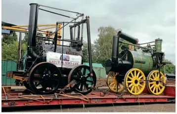  ?? TREVITHICK 200 ?? The replica of Catch-Me-Who-Can alongside the National Railway Museum’s working replicatio­n of Timothy Hackworth’s 1829 Rainhill Trials entrant Sans Pareil, on a low loader bound for Utrecht in 2014.