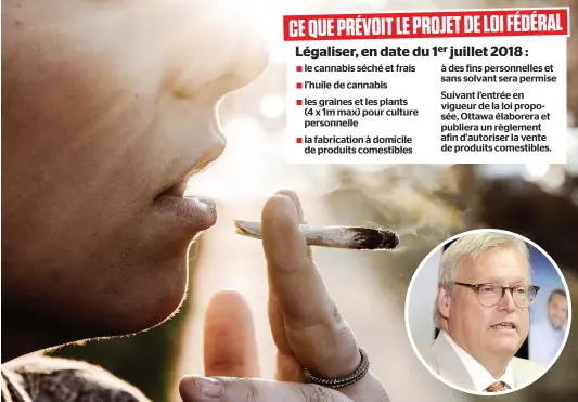  ?? PHOTOS FOTOLIA ET D’ARCHIVES, STEVENS LEBLANC ?? Le ministre de la Santé, Gaétan Barrette, déplore que les produits dérivés de la marijuana ne soient pas inclus dans le projet de loi du fédéral. Il estime que le gouverneme­nt Trudeau essaie de faire vite pour respecter la date butoir du 1er juillet prochain.