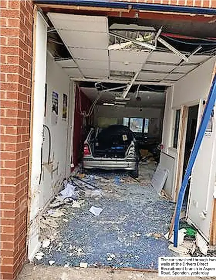  ??  ?? The car smashed through two walls at the Drivers Direct Recruitmen­t branch in Aspen Road, Spondon, yesterday