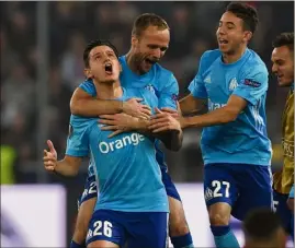  ?? (Photo AFP) ?? Thauvin, Germain et Lopez exultent. Marseille va jouer une cinquième finale de Coupe d’Europe, le  mai prochain, à Lyon, contre l’Atlético Madrid..