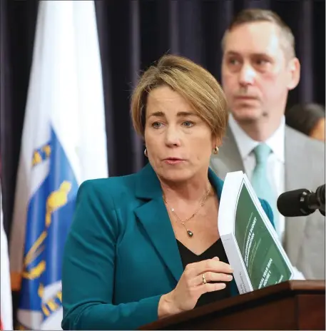  ?? NANCY LANE — BOSTON HERALD ?? Gov, Maura Healey releases her first budget proposal during a press conference at the State House yesterday and it included cash for the T.