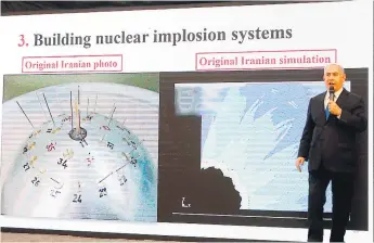  ?? Afp ?? EXPOSICIÓN. El premier israelí presentó las supuestas pruebas de su Gobierno que confirman la existencia de un programa secreto nuclear de Teherán para fabricar bombas atómicas.