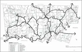  ?? IMAGE COURTESY OF UPPER GWYNEDD TOWNSHIP ?? Map of possible trail connection­s included in the township’s 2005 Open Space Plan. A proposed route for the Power Line Trail is indicated as number nine on the plan, connecting to the Evansburg Trail (number four) and Route 202 Trail (number 16).