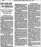  ?? CONTRIBUTE­D PHOTO ?? This was the first major news story (The New York Times, July 3, 1981) describing the emergence of a previously unknown and what was proving to be fatal disease affecting primarily gay and bisexual men in New York City and San Francisco.