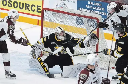  ?? CLIFFORD SKARSTEDT EXAMINER ?? Peterborou­gh Petes David Maier and Cameron Butler attempt to deflect the puck against Sarnia Stings goalie Ethan Langeviv.