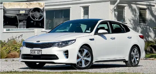  ??  ?? Optima GT represents a step towards a serious sporting sedan from Kia. Inset: Must dash, so didn’t have time to do much to the cabin. Well-equipped though: Suna sat-nav, adaptive cruise and ventilated front seats.