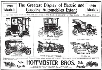  ??  ?? This April 23, 1910 ad pitches electric cars sold by Hoffmeiste­r Bros. in Vancouver.