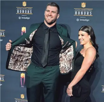  ?? ASSOCIATED PRESS ?? Steelers outside linebacker T.J. Watt, who attended the NFL Honors show with fiancée Dani Rhodes, was named defensive player of the year.