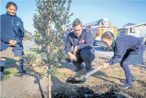  ?? Photo / Warren Buckland ?? Anupreet Kaur (left), Waka Petera and Peyton Petera planting trees outside the new Napier Fire Station office.