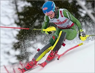  ?? ALESSANDRO TROVATI/AP PHOTO ?? Mikaela Shiffrin of the United States competes during the women’s slalom at the alpine ski World Championsh­ips on Saturday at Are, Sweden.