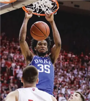  ??  ?? Duke’s Marvin Bagley III dunks for two of his 23 points Wednesday against Indiana. | DARRON CUMMINGS/ AP