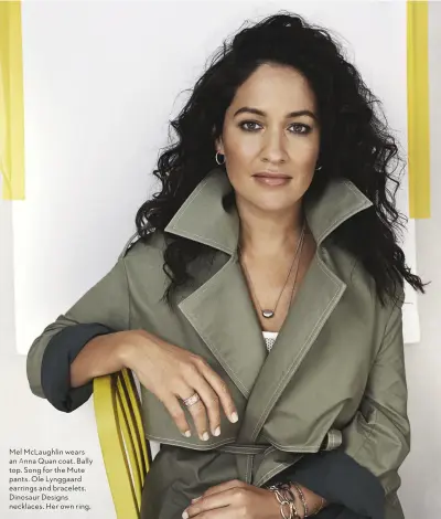  ??  ?? Mel McLaughlin wears an Anna Quan coat. Bally top. Song for the Mute pants. Ole Lynggaard earrings and bracelets. Dinosaur Designs necklaces. Her own ring.