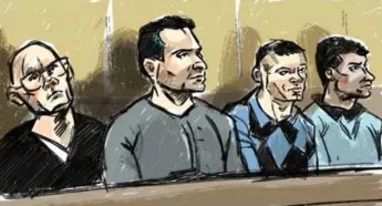  ?? MARIANNE BOUCHER ?? Nicola Nero, Martino Caputo, Dean Wiwchar and Rabih Alkhalil on trial for the first-degree murder of John Raposo.