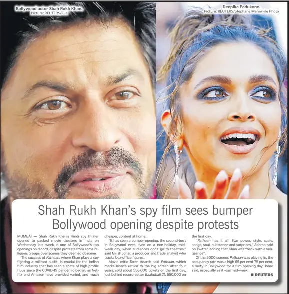 ?? Picture: REUTERS/File Picture: REUTERS/Stephane Mahe/File Photo ?? Bollywood actor Shah Rukh Khan.
Deepika Padukone.