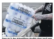  ??  ?? Dans  % des échantillo­ns étudiés dans neuf pays, les chercheurs ont trouvé du polypropyl­ène, du nylon et du polytéréph­talate d’éthylène. Des soupçons pèsent sur le processus d’embouteill­age.