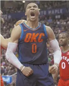  ?? AP PHOTO ?? HOT STUFF: Russell Westbrook reacts during the Thunder’s win over the Raptors yesterday.