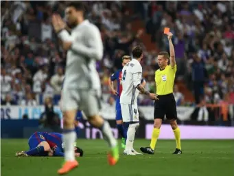  ?? (Getty) ?? The sending-off was Sergio Ramos' fifth dismissal in el clasico