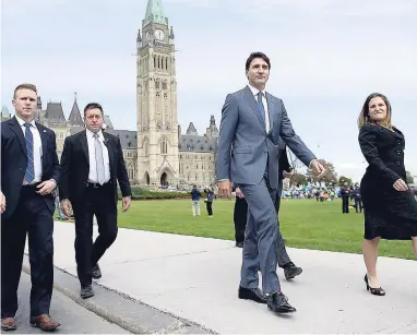  ?? AP ?? Prime Minister Justin Trudeau (second right) and Minister of Foreign Affairs Chrystia Freeland walk to a press conference on the USMCA trade deal on Parliament Hill in Ottawa on Monday, October 1.