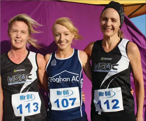  ??  ?? The top three ladies (from left): Nicola Murphy (United Striders, second), Clodagh Kelly (Croghan, first), Sonya Byrne (United Striders, third).