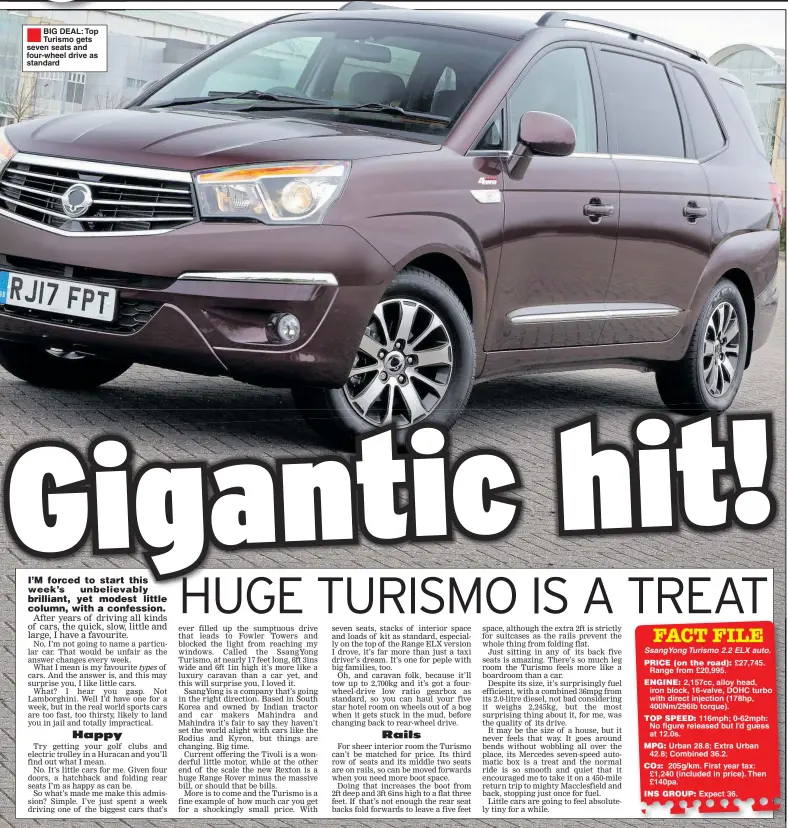  ??  ?? BIG DEAL: Top Turismo gets seven seats and four-wheel drive as standard SsangYong Turismo 2.2 ELX auto. PRICE (on the road): £27,745. Range from £20,995.2,157cc, alloy head, iron block, 16-valve, DOHC turbo with direct injection (178hp,400Nm/296lb torque).116mph; 0-62mph: No figure released but I’d guess at 12.0s.Urban 28.8; Extra Urban42.8; Combined 36.2.205g/km. First year tax:£1,240 (included in price). Then£140pa.