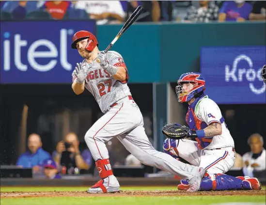  ?? Tom Pennington Getty Images ?? MIKE TROUT, shown last month, led the majors in many statistica­l categories in April, and he began May with a two-run home run on Saturday night at Seattle.