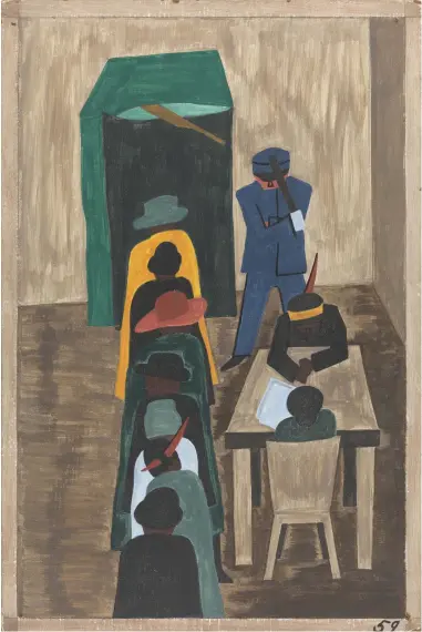  ??  ?? 2. The Migration Series, Panel no.59: In the north they had freedom to vote., 1940–41, Jacob Lawrence, casein tempera on hardboard, 45.7 × 30.5cm. Phillips Collection, Washington, D.C.