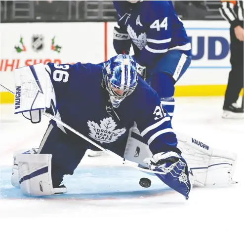  ?? JAYNE KAMIN-ONCEA / USA TODAY SPORTS ?? Toronto Maple Leafs goaltender Jack Campbell makes a save in the team’s 6-2 win over the Los Angeles Kings Wednesday. He’s sporting an NHL best .943 save percentage among goalies who have played in at least six games