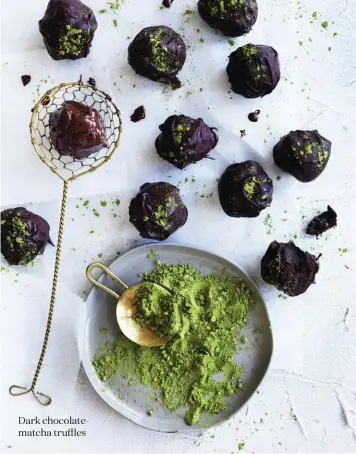  ??  ?? Dark chocolatem­atcha truffles serve hot with matcha ice-cream, poached pears and pan juices.
Note Pearl sugar is available from The Essential Ingredient (essentiali­ngredient.com.au) and specialist food shops. If it’s unavailabl­e, crush the equivalent...