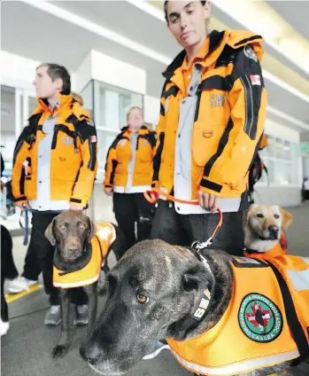  ?? NICK PROCAYLO ?? Jeanette Van Dijk, with Phoenix and other dogs from the Canadian Search and Disaster Dogs Associatio­n, arrive home at Vancouver airport Sunday after earthquake search and rescue efforts in Mexico City.