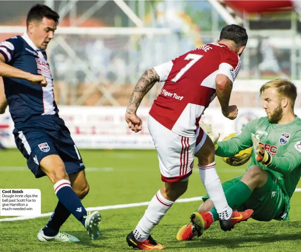  ??  ?? Cool finish Dougie Imrie clips the ball past Scott Fox to give Hamilton a much-needed win