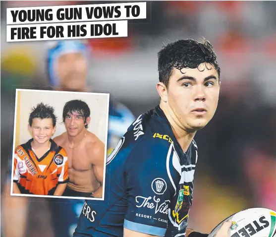  ??  ?? CLUB’S FUTURE: Young Cowboys playmaker Jake Clifford during his NRL debut on Saturday night and ( inset) meeting Johnathan Thurston as a Tully Tigers junior.