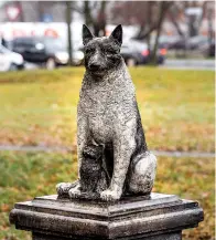  ?? Associated Press ?? ■ The statue of the stray dog Zorik, warming up a kitten, is placed in front of a shopping center Wednesday in Tallinn, Estonia. The statue is meant as a tribute both to Zorik and his animal companions, and to all strays. Zorik once had a dog companion who was killed in a car accident. He then took up with stray cats and was seen with them often, even while sleeping.