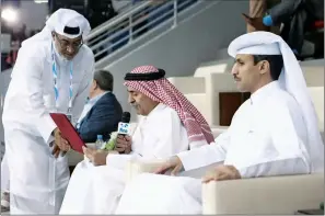  ??  ?? Sheikh Saud bin Ali al Thani, First Vice-President of Qatar Olympic Committee, inaugurate­s the FINA Swimming World Cup Doha 2019 in the presence of Jassim al Buainain, Secretary-General, QOC and several dignitarie­s and ambassador­s at the Hamad Aquatic Centre on Thursday.