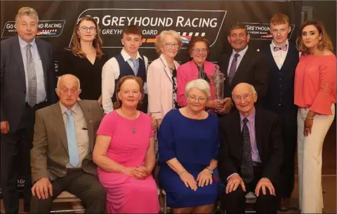  ??  ?? Andrew Doyle, Minister of State, presents Kathleen Stamp (5th from left, back row) with her Special Merit Award with Phil Meaney, Aisling McCann, Joe Dunne, Peggy Vaughan, Barry Dunne, Emma Whelan, Terry and Ailish McCann, Emer and Alfie Sutton.