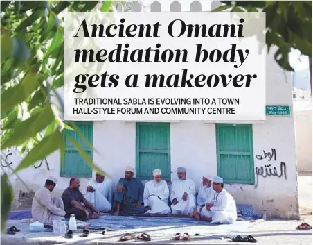  ?? AFP ?? Above: Men have breakfast prior to holding a traditiona­l local council meeting known as the ‘sabla’ in the small village of Ghala, near Muscat. Left: Farmers stand next to a spring of water in Ghala. Below: The ‘sabla’, a traditiona­l council where...