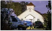  ?? NICK WAGNER / AUSTIN AMERICAN-STATESMAN ?? A man walks past the First Baptist Church where a gunman opened fire on a Sunday service and killed at least 26 people in Sutherland Springs, Texas.