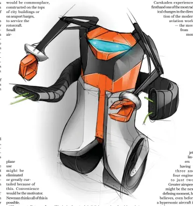  ?? ILLUSTRATI­ONS: CHRISTOPHE­R HANKS. ?? (Clockwise from top): Artist’s impression of a wiring robot of the future; personal rotorcraft that would be used for commuting and private transporta­tion; hypersonic aircraft for interconti­nental and suborbital transporta­tion; orbital drone laser that...