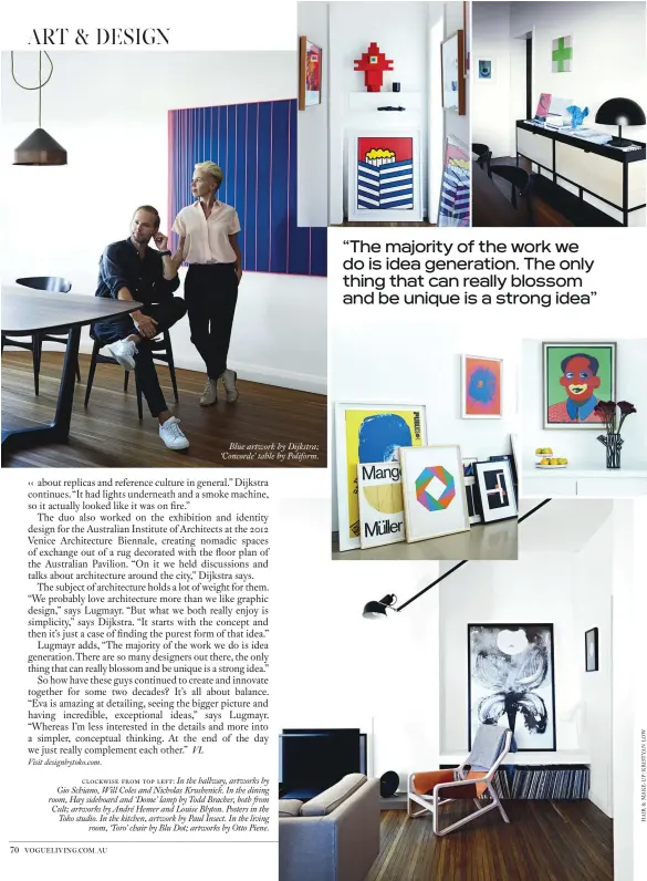  ??  ?? Blue artwork by Dijkstra; ‘Concorde’ table by Poliform. clockwise from top left: In the hallway, artworks by Gio Schiano, Will Coles and Nicholas Krushenick. In the dining room, Hay sideboard and ‘Dome’ lamp by Todd Bracher, both from Cult; artworks by...