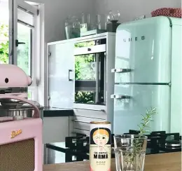  ??  ?? LIEBLING Der mintfarben­e Smeg-Kühlschran­k gehört neben der rosa Kitchen Aid-Küchenmasc­hine und einer schwarzen Kaiser IdellScher­enlampe zu Katrins Favoriten.