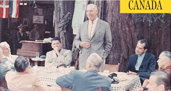  ?? LAWRENCE BERKELEY NATIONAL LABORATORI­ES IMAGE LIBRARY ?? In the summer of 1967, distinguis­hed guests convened at California’s Bohemian Grove, including, from left, Preston Hotchkis, Ronald Reagan, Harvey Hancock and Richard Nixon.