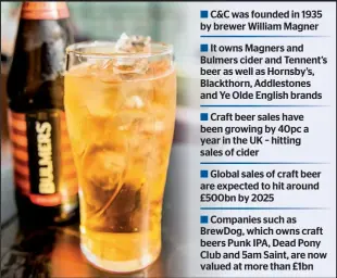  ??  ?? C&C was founded in 1935 by brewer William Magner
It owns Magners and Bulmers cider and Tennent’s beer as well as Hornsby’s, Blackthorn, Addlestone­s and Ye Olde English brands
Craft beer sales have been growing by 40pc a year in the UK – hitting sales...