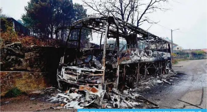  ??  ?? PONTEVEDRA, SPAIN: The wreckage of a burned bus is pictured after a fire in Chandebrit­o, near the town of Nigran, northweste­rn Spain yesterday. — AFP