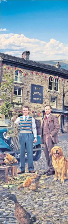  ?? ?? Nicholas Ralph, centre, as vet James Herriot in Grassingto­n, which doubles as fictional Darrowby, with All Creatures co-stars, from left: Callum Woodhouse, Samuel West, Anna Madeley and Rachel Shenton