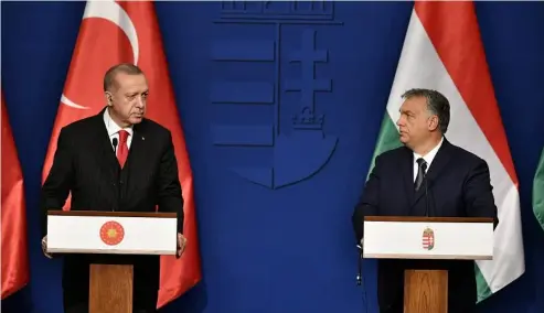  ?? ?? Turkish President Recep Tayyip Erdogan, left, & Hungarian Prime Minister Viktor Orban hold a joint press conference after a meeting in Budapest, Thursday, Nov. 7, 2019.