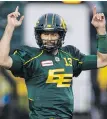  ??  ?? Edmonton quarterbac­k Mike Reilly calls a play during Friday’s first half.